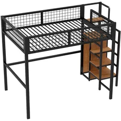 OKWISH Hohes Hochbett mit Stauraum, Leiter und Kleiderschrank, Metallvollgitter, robustes Loft-Bett 249x145 cm, modernes Design Schwarz/Weiß