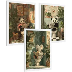 POSTER 3er-Set lustige Badezimmer-Drucke, Panda- und Koala-Tiermotive für Toilette, witziges für Toilette, Vintage-Botanik-Stil Weißer Rahmen A3