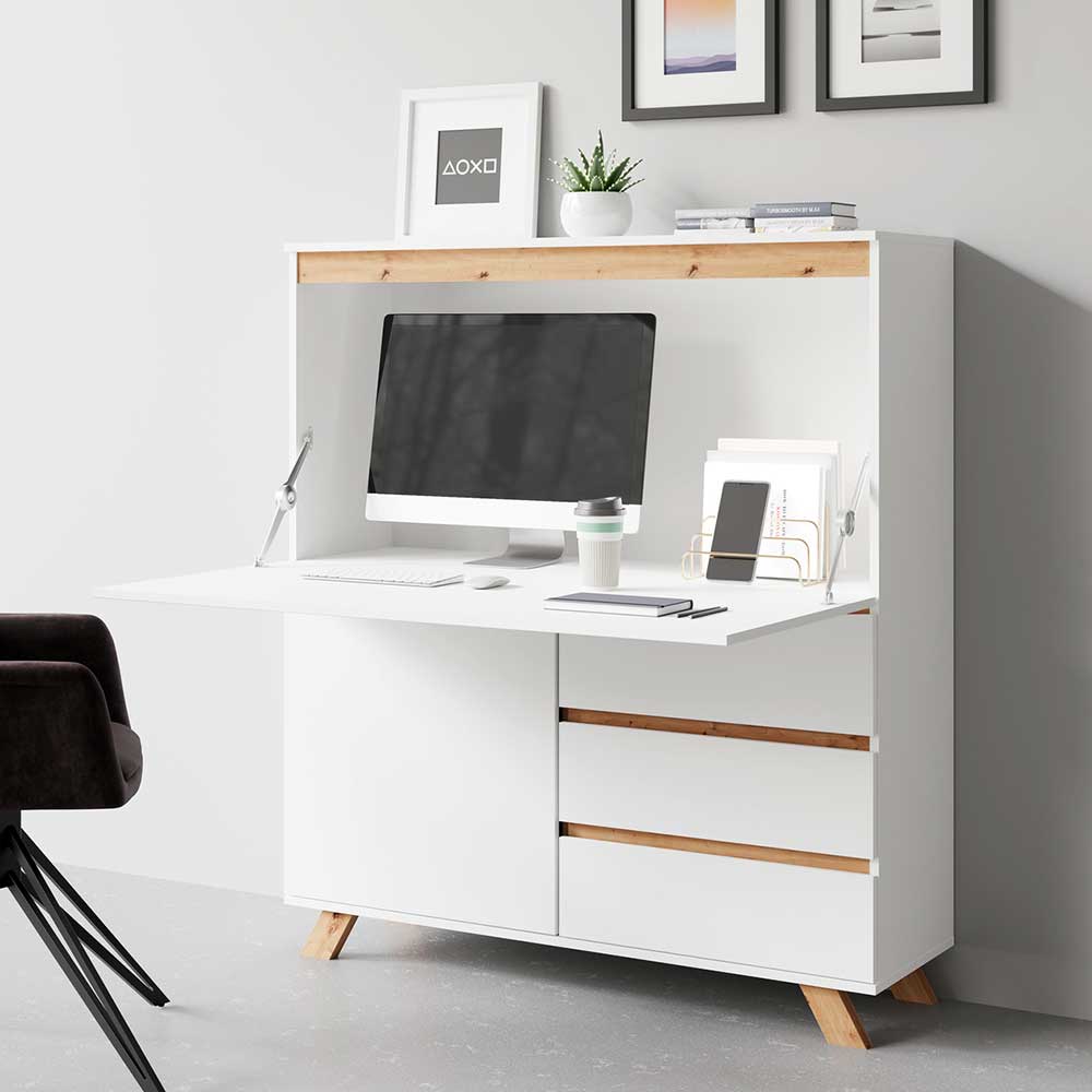 Pharao24.de Schranksekretär in Weiß matt und Wildeichefarben Skandi Design