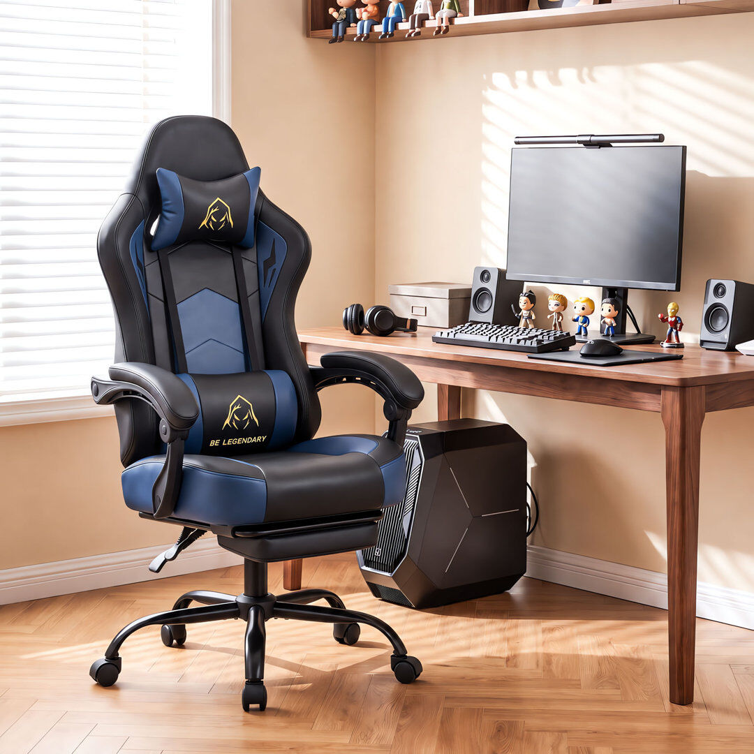 CHAIRER Ergonomic Gaming Chair with Footrest, Linkage Armrests and Faux Suede or Faux Leather Blue/Faux Leather 122.5cm H X 64cm W X 61cm D