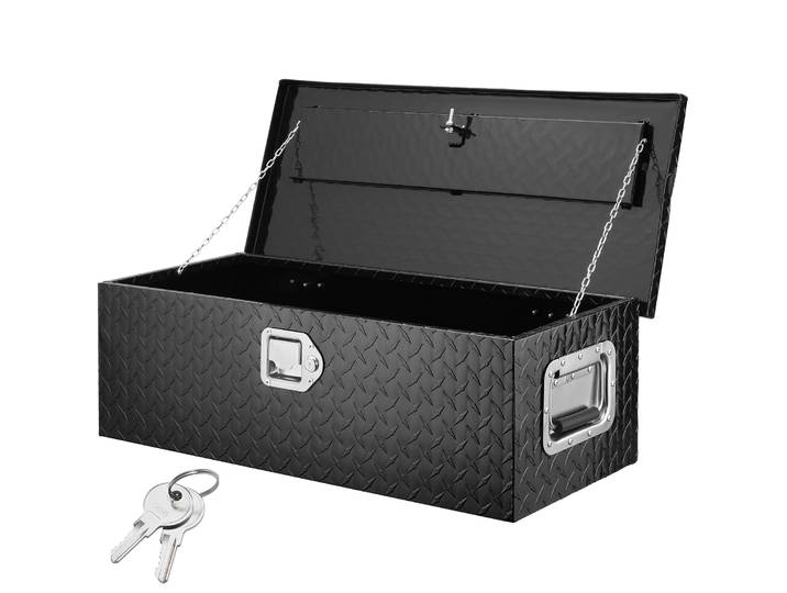 SucceBuy Boîte à outils robuste en aluminium pour lit de camion, boîte à outils en plaque de diamant avec poignée latérale et clés de verrouillage pour pick-up, lit de camion, camping-car