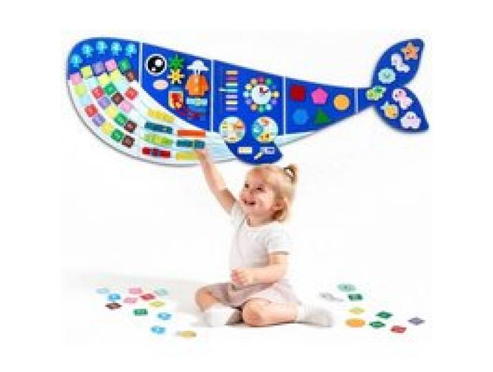 VEVOR Montessori Busy Board 12-in-1 Faltbares Wandmotorikbrett aus Filz Wal, Sensorisches Spielzeug zur Bildung & Frühe Entwicklung für Kinder, mit Zahlen Buchstaben Tieren Formen Uhr & Lernelementen