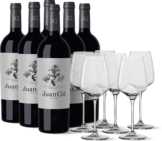 6 Flaschende Juan Gil Silver Label 12 meses + 6 Gläsern Weinflaschen mit Gläsern - Weinflaschen mit Gläsern