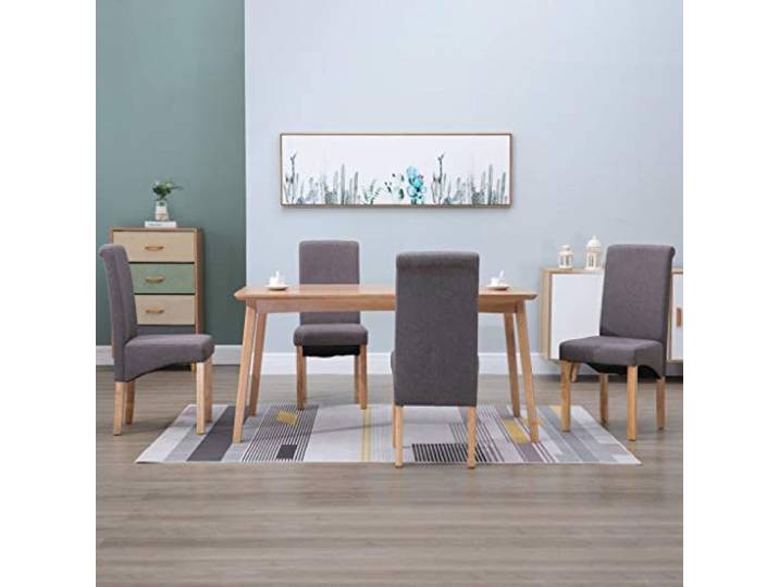 4er Set Esszimmerstühle aus Stoff in Taupe mit Holzrahmen und Holzfüßen Stoffbezug Taupe, Holzrahmen, Holzfüße, ergonomische Form, stabil, modernes Design, Esszimmer und Wohnzimmer