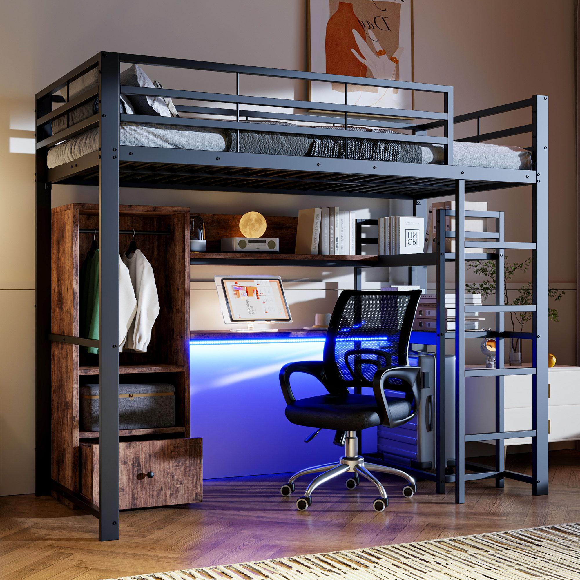 Merax Etagenbett Hochbett 90x200 cm, Kinderbett mit LED-Beleuchtung, Schreibtisch, Schublade, Regalen, Geländer, Eisenbett Stockbett, Schwarz