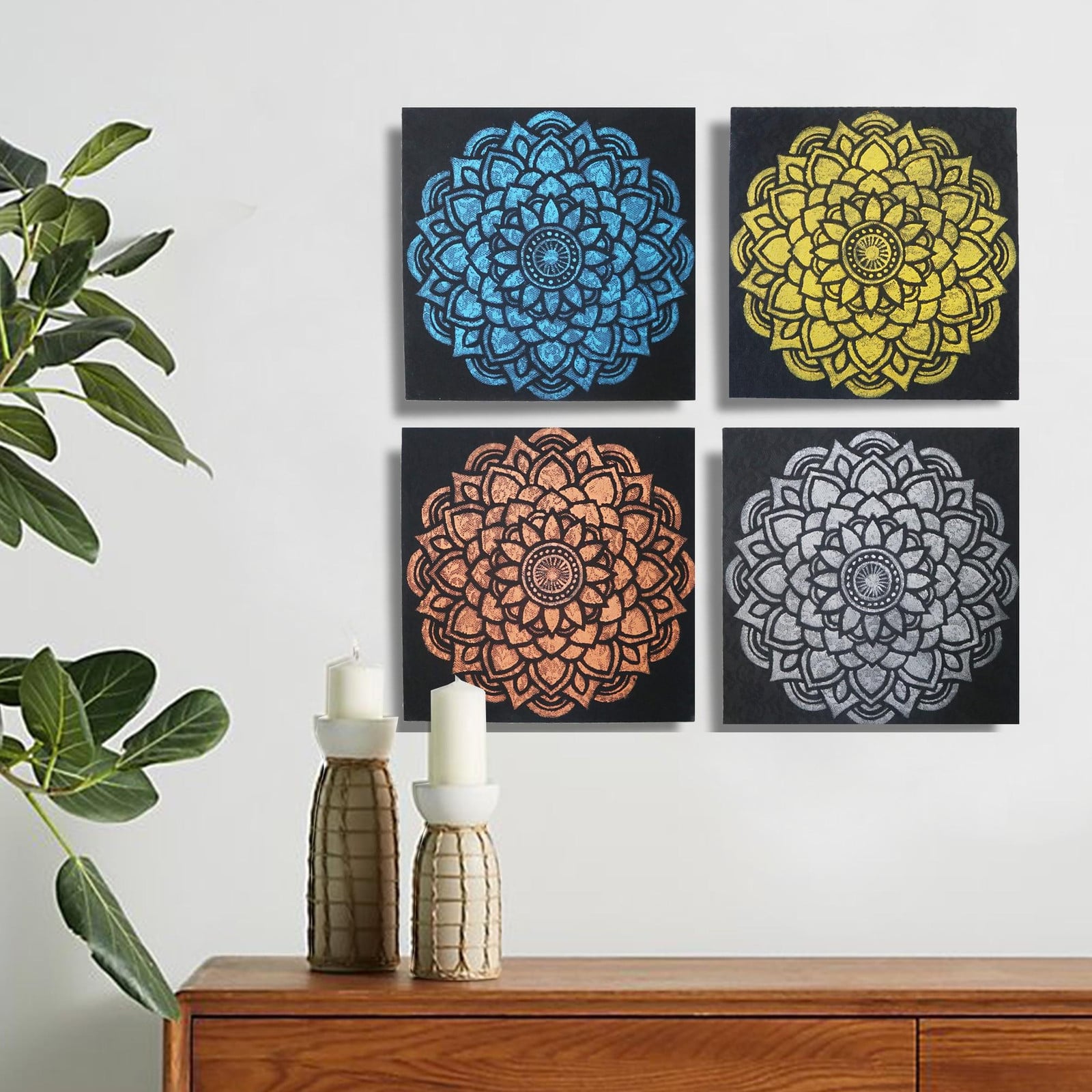 Set van 4 canvas wanddecoraties met mandala illustraties van Ancient Wisdom s.r.o.