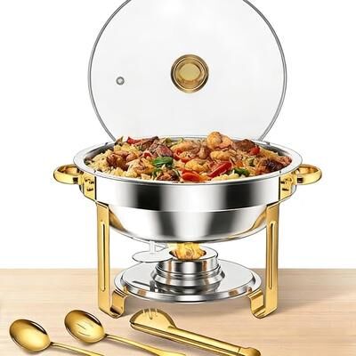 Garvee 2 Pcs 5Qt Stainless Steel Round Chafing Dish Buffet Set, Food Warmer with Glass Lid