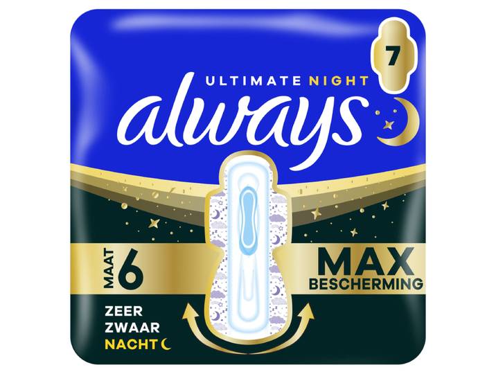 Always ultieme nacht maandverband (maat 6) met vleugels x 7