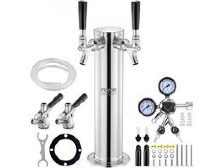 VEVOR Bierspender Bierturm, Bier-Umrüstsatz mit zwei Zapfhähnen, Bier-Turm-Zapfanlage aus Edelstahl mit Doppelmessgerät W21.8-Regler und S-System-Fasskupplung für Partys, zu Hause usw.