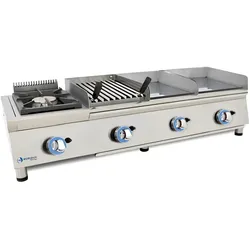 Modulare Gaskochstation LUX WORLDMAI mit Brenner, 2 Grillplatten und baskischem Grill. INOX-Tischgerät für Bar, Restaurant und Gastronomie.
