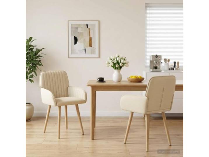 Esszimmerstühle 2er Set Stoff Creme 56,5 x 50 x 87,5 cm mit Armlehnen 100 % Polyesterbezug, Gummibaumbeine, Metallrahmen, Indoor-Nutzung, pflegeleichte Oberfläche