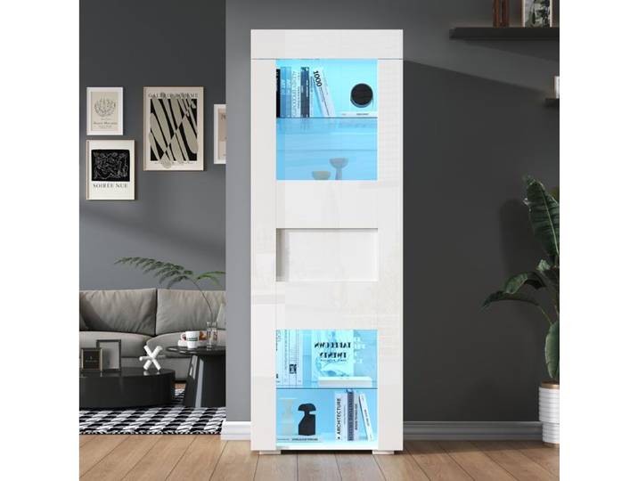 Vitrine haute blanche AESVAR 60 x 40 x 170 cm avec LED porte acrylique et étagères en verre