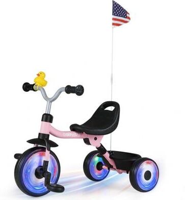 Costway Glowing Wheels Toddler Tricycle, Foldable Kids Trike with Basket and Duck Bell