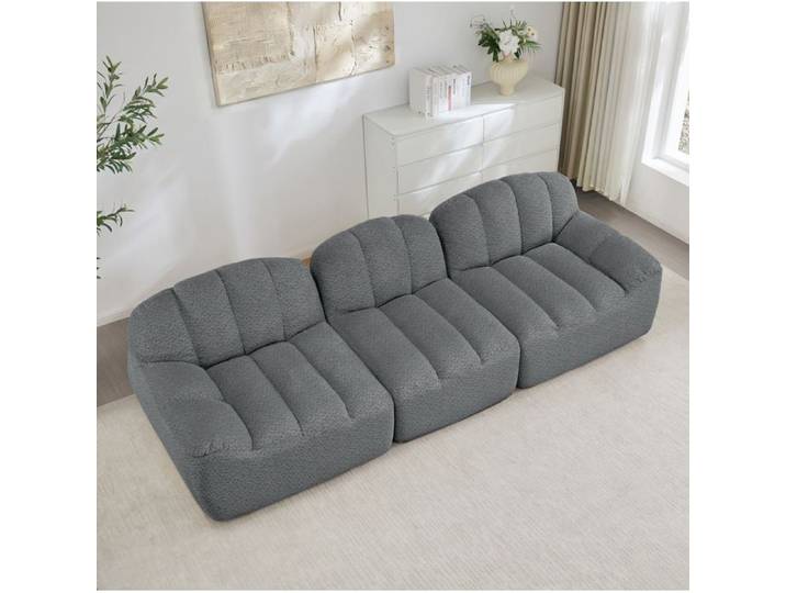 Canapé modulable 3 places boneless assise profonde mousse haute densité 32D tissu granuleux gris - UVRION