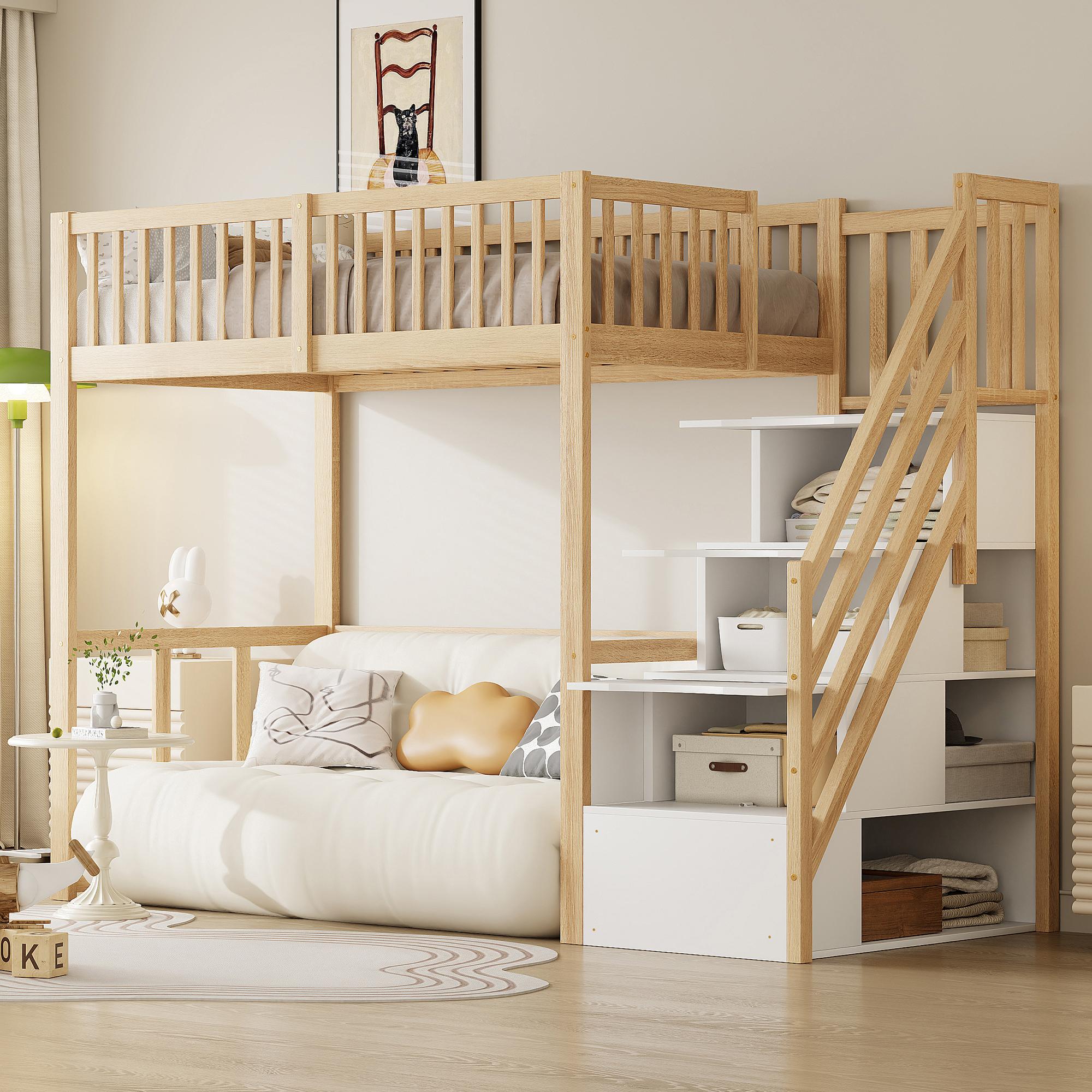 Merax Etagenbett Hochbett 90x200 mit Schreibtisch, Kinderbett mit Treppe mit Stauraum, Spielbett aus Kiefernholz, platzsparend, multifunktional, Natur