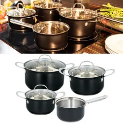 Elegantes 7-teiliges Koch-Topfset, induktionsfähig – Rostfreies Material, schwarz-silber, abgerundete Griffe – Premium Kochgeschirr für beste Ergebnisse