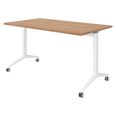 bümö Seminartisch klappbar fahrbar 140x80 cm Nussbaum, Gestell weiß - Klapptisch staffelbar, mit vier Doppelrollen Büro Schulungstisch