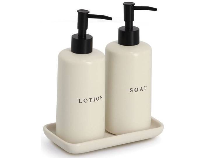 Seifenspender ZELLER PRESENT Seifen-/Lotionspender-Set, 3-tlg., Keramik , creme, B:9,5cm H:21,5cm L:18cm, Keramik, Dosierspender, Seifenspender, Beschriftung: Seife und Lotion, minimalistisch und modern