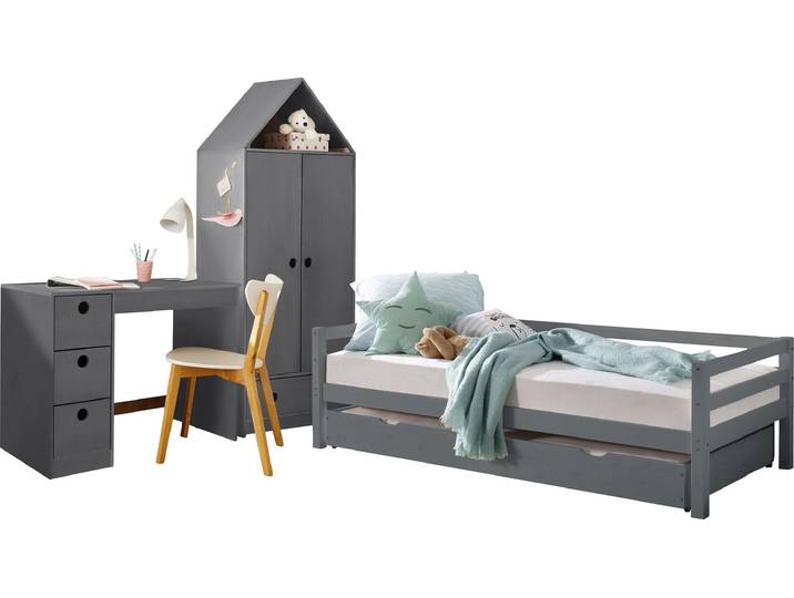 Jugendzimmer-Set GOODPRODUCT Alpi , grau, Schlafzimmermöbel-Sets, Jugendzimmer-Set, Daybed, Schreibtisch mit Stauraum und Kleiderschrank in Hausoptik