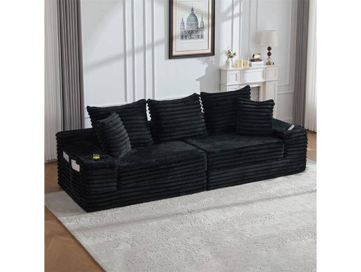 DRIPEX Canapé-lit Pliant modulable Canapé compressé 3 places en velours côtelé avec poches et porte-gobelets 5 coussins Noir