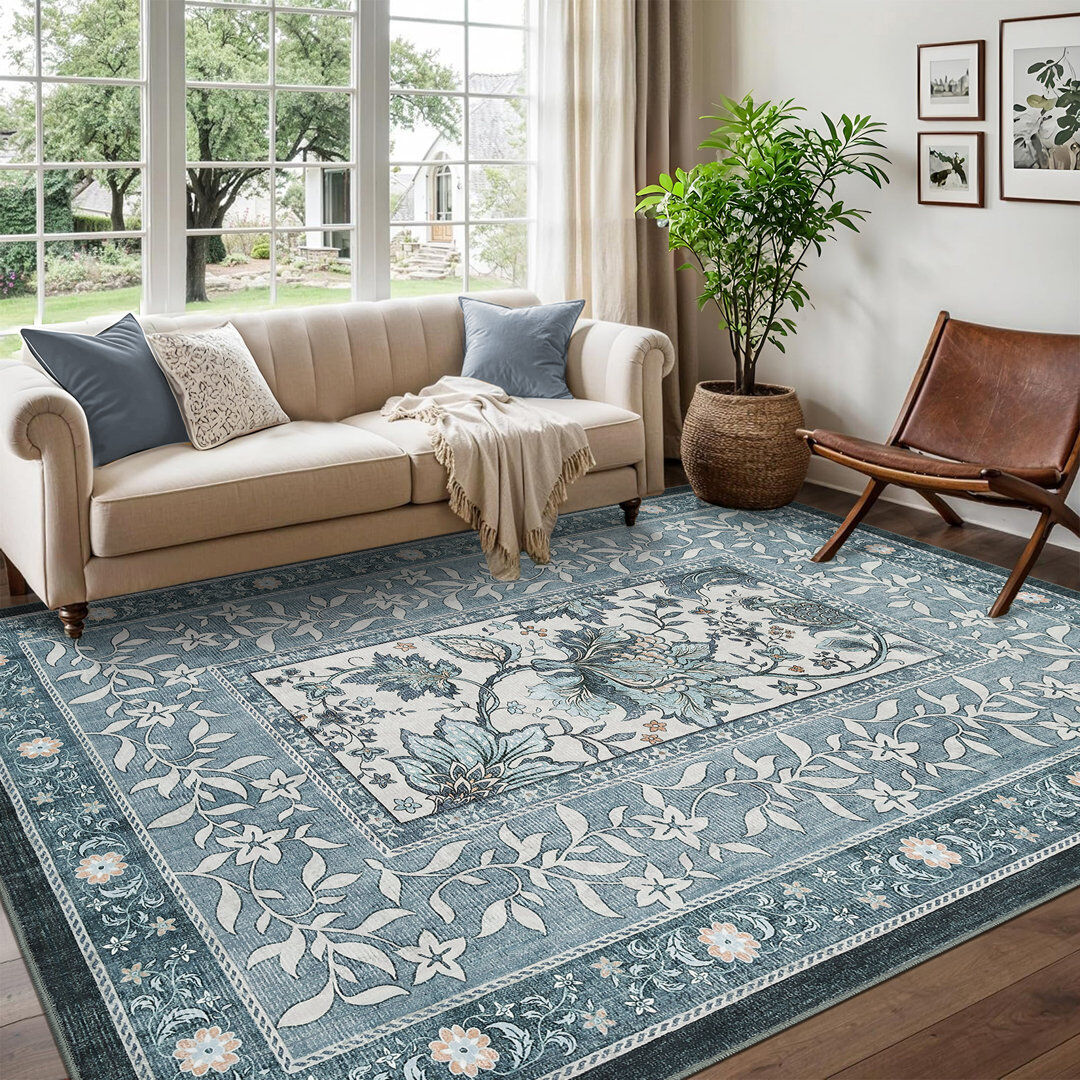 Brambly Cottage Rectangle Floral Washable Area Rug Blue Rectangle 240 x 340 cm