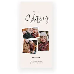Einladungskarte 80. Geburtstag: Beige Polaroid mit Fotos in Creme
