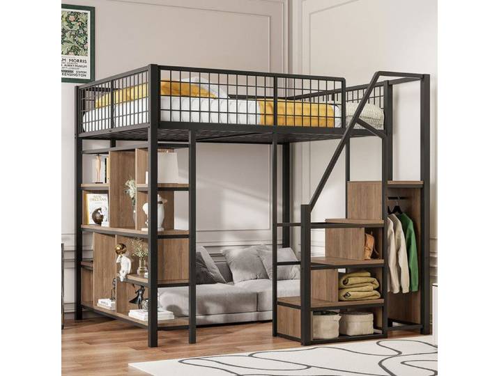 Lit mezzanine enfant 140 x 200 Lit mezzanine en métal avec espace de rangement étagères et escalier lits mezzanine adultes Noir