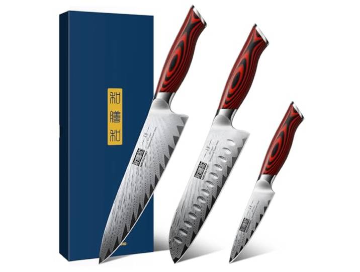 HOSHANHO 3-teiliges Damaszener-Küchenmesserset, ultrascharfes Messerset, professionelles Kochmesserset mit ergonomischem G10-Griff, Geschenkbox