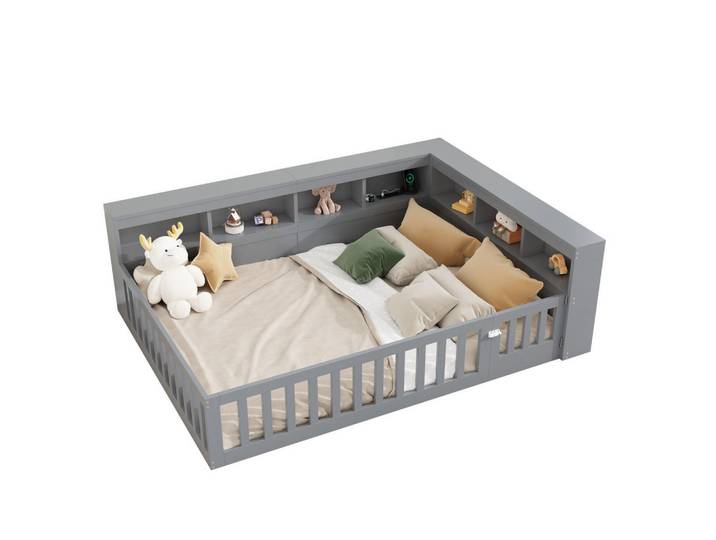 Redom Tagesbett 140/200 cm aus werkstoff mit Lattenrost, Stauraum, USB-Anschluss und Steckdose, Grau, 140x200 cm, Schlafzimmer, Betten
