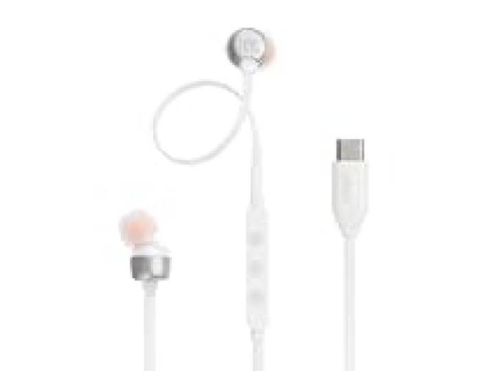 JBL Tune 310 C, Écouteurs filaires Hi-Res, son Pure Bass JBL, connexion USB-C, câble plat anti-nœuds, télécommande à trois touches avec microphone, en blanc