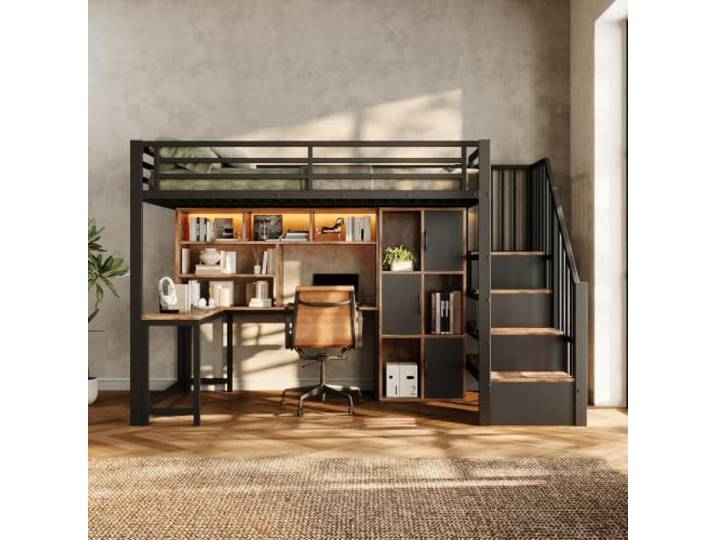 BTM Metall Hochbett Jugendliche 90x200 mit Schrank & Ablagefach Schwarz