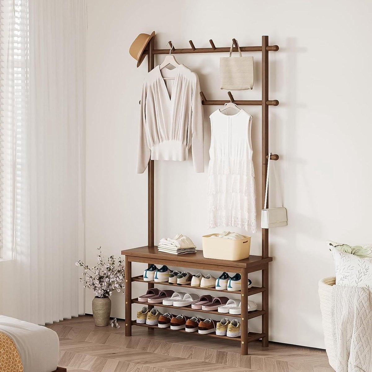 Multifunctionele Garderobe Kapstok met Bank en Schoenenrek - 6-in-1 Entree Meubel met 13 Haken - Walnoot