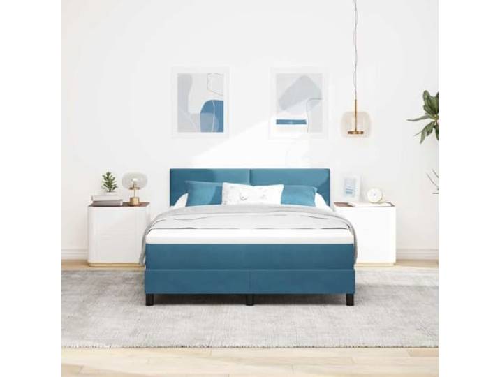 KTHLBRH Boxspringbett mit Kopfteil dunkelblau 140 x 200 cm Samt Struktur aus Holz, weicher Schaum, fester Lattenrost, Kopfteil aus Kunstleder
