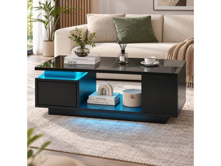 Table basse - 100x50x36 cm - Table d'appoint - Éclairage LED intégré - Rangement pratique - Design moderne - Noir