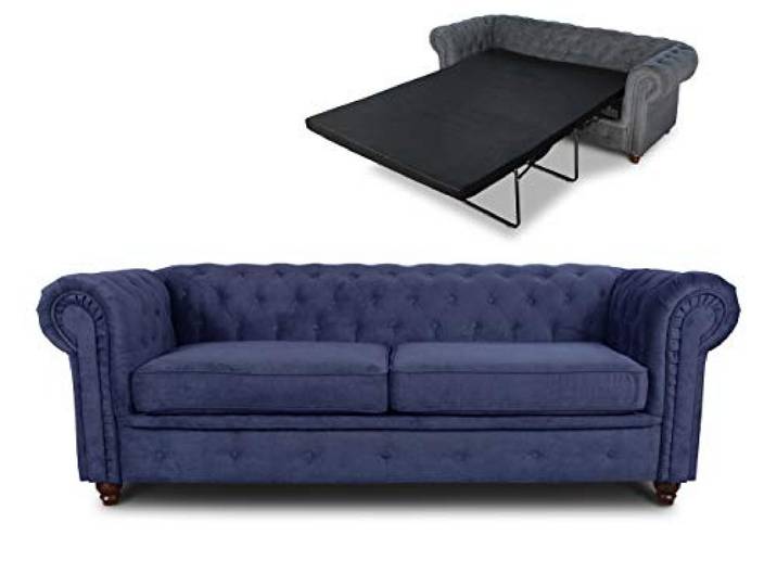 Sofnet - Schlafsofa Chesterfield Asti Bis 3-Sitzer (Blau, Capri 89) Bettsofa, Sofa mit Schlaffunktion, 3-Sitzer, Couch, Bettfunktion, Strukturstoff, Holzfüße, Chesterfield Stil