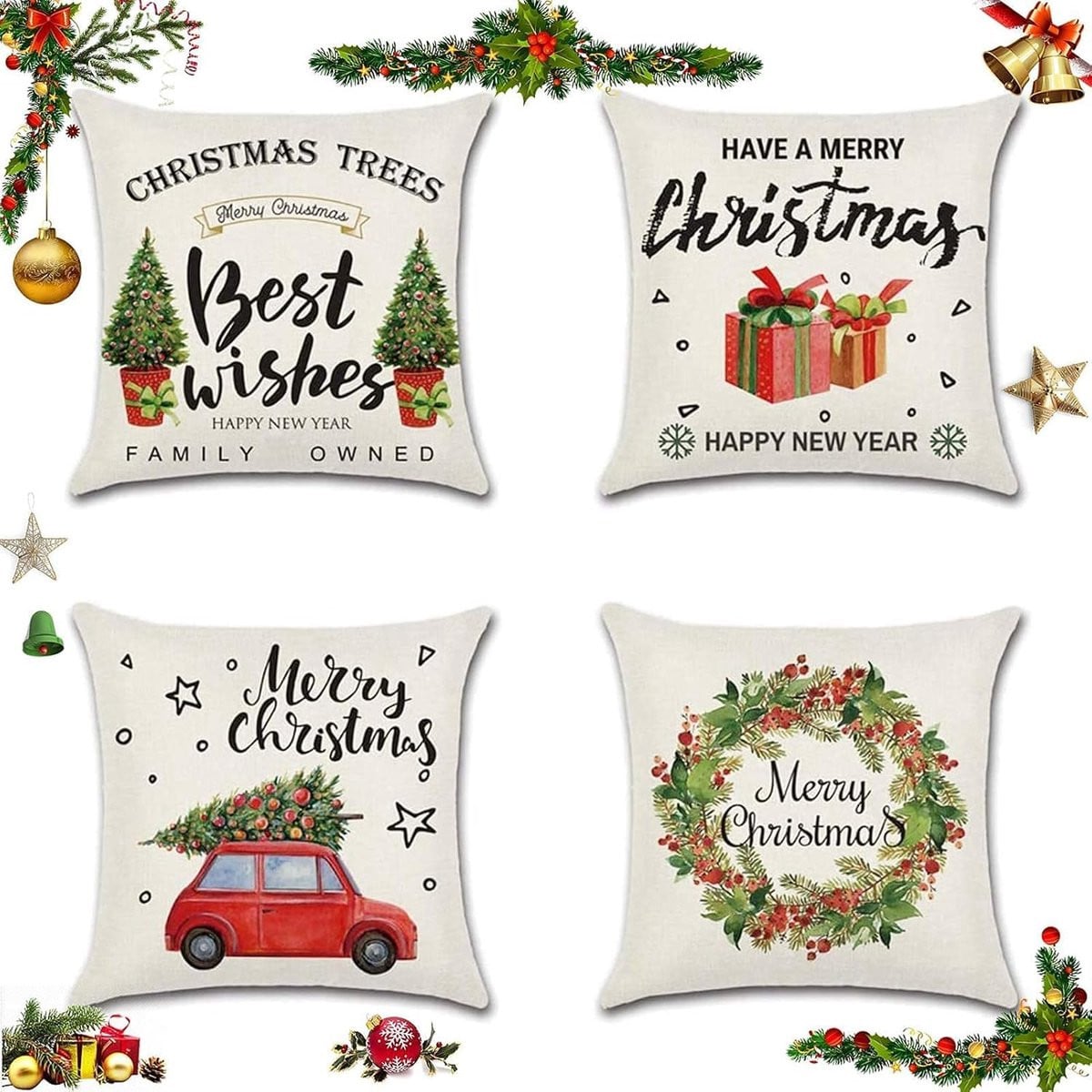 Set van 4 decoratieve kerstkussenslopen voor op de bank
