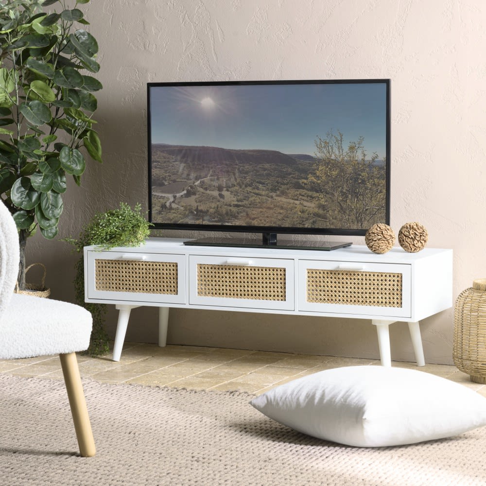 MACABANE Meuble tv blanc 3 tiroirs cannage naturel Blanc 120x40x40cm
