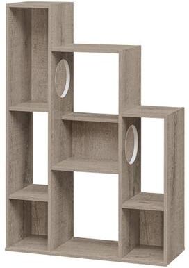 Costway Modern Cat Bookshelf Cat Tree 8-Section Storage Cabinet with 2 Round Holes-Gray Oak