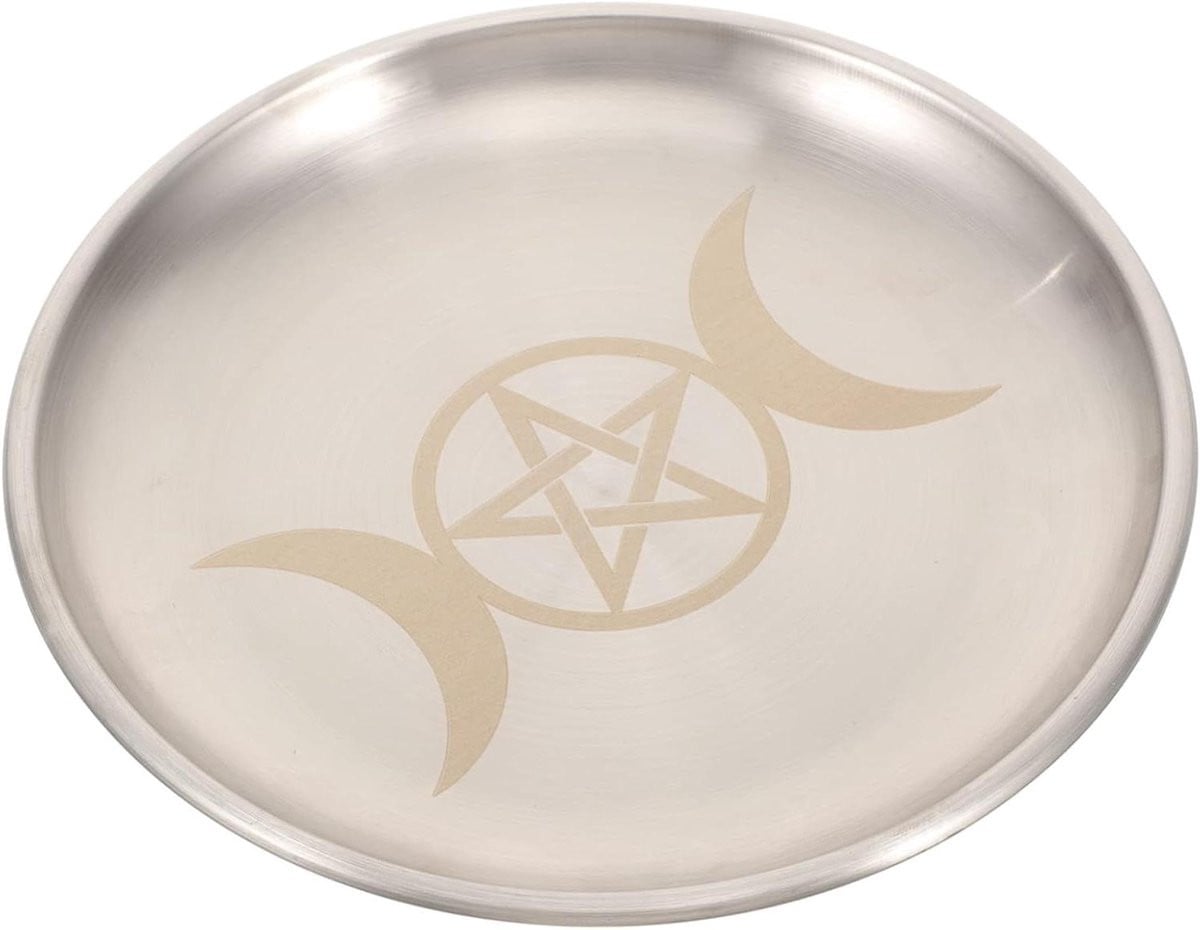 Decoratieve Schaal Altar Plate met Pentagram Maan Design - Zilverwit - 14 x 14 cm