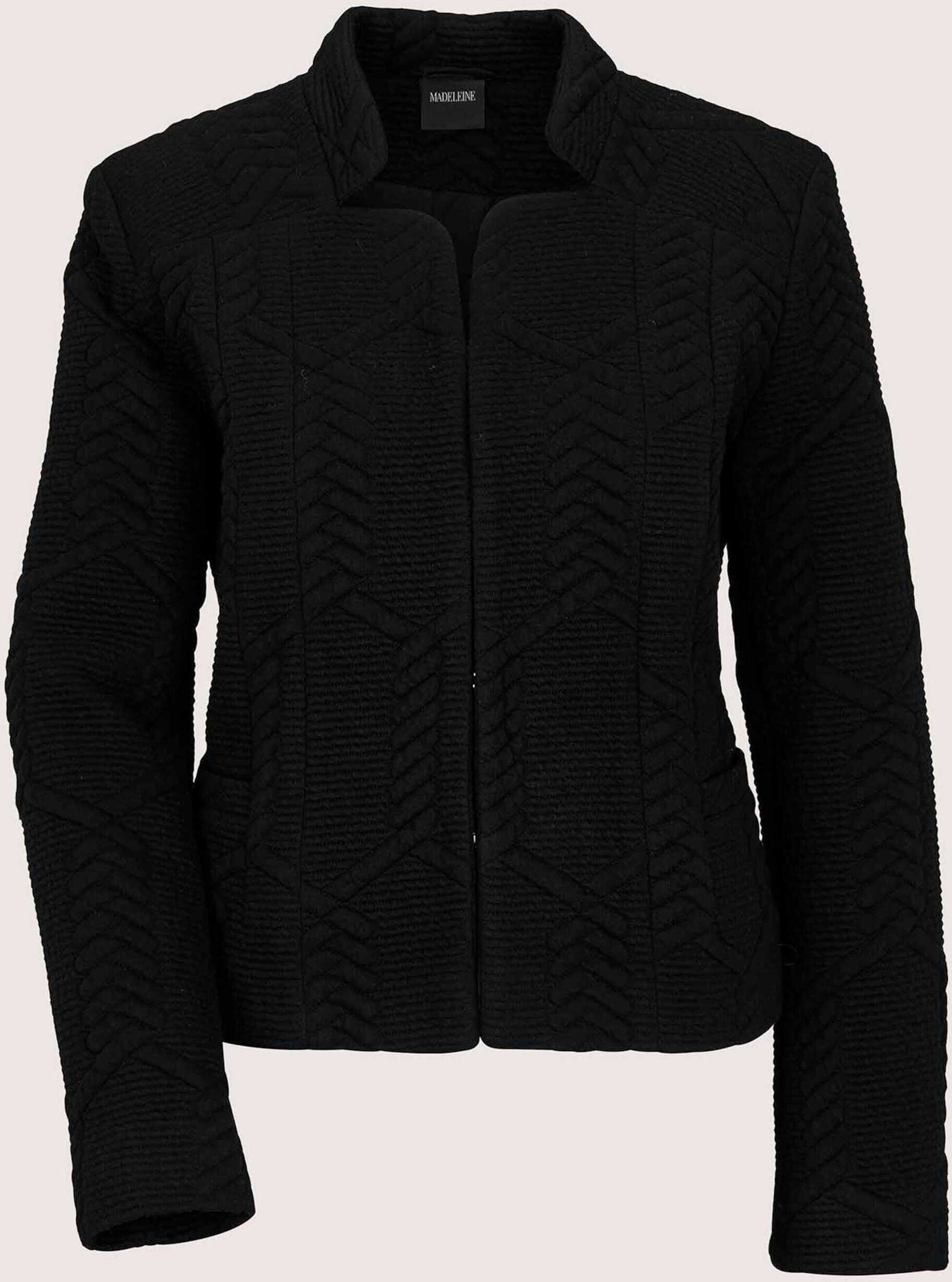 Jackenblazer MADELEINE "Kurzjacke Eleganter Jerseyblazer im Zopf-Design", Damen, Gr. 46, schwarz, Modern, hoch geschlossener Ausschnitt, Blazer Jackenblazer, Markantes Zopf-Design