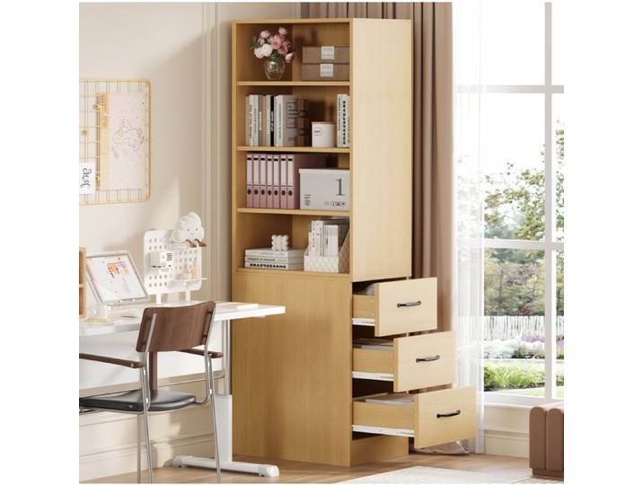 Bibliothèque étagère haute ultra fine 60 x 38 x 180 cm 3 tiroirs latéraux étagères réglables chêne JOINERY