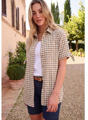 Plus Size Women's French Check Shirt by Roaman's in Brown Sugar Check (Size 30 W)