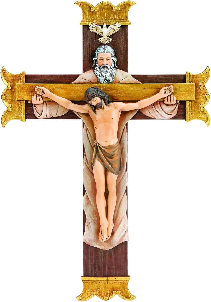 Groot Kruisbeeld met Heilige Drie-eenheid voor aan de muur