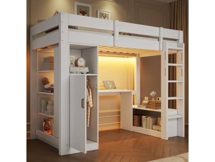 Holzbett Hochbett 90x200 mit LED-Licht & Schreibtisch & Regal & USB, Weiß Multifunktionales Kinderbett Jugendbett mit LED-Beleuchtung, Schreibtisch, Regal, USB-Anschluss und Stauraum, Ohne Matratze