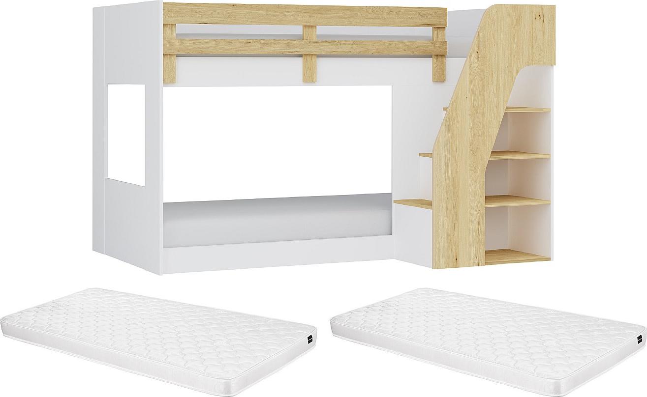 Etagenbett mit Stauraum + Matratze - 90 x 190 cm - Weiß & Holzfarben - NAROJAS