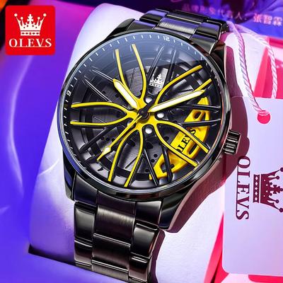 Inspired Finds OLEVS Car Rim Men's Quartz Watch Stainless Steel Car Wheel Watch Waterproof Sport Wristwatch yellow
