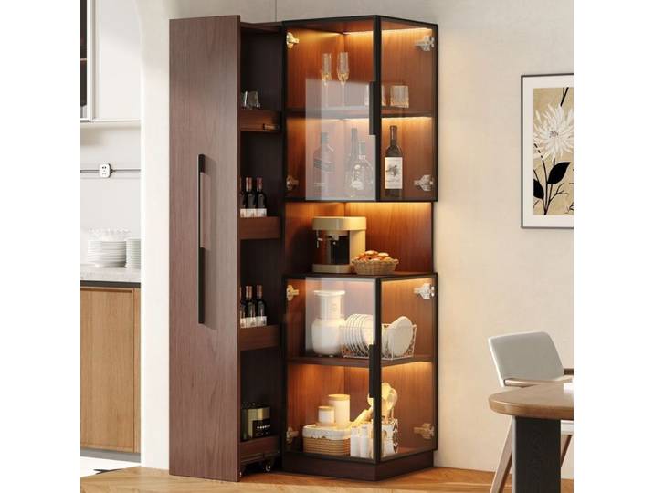 Vitrine armoire LED verre 70x38x160cm Meuble de rangement Buffet haut avec éclairage LED 5 portes pour salon cuisine - noyer