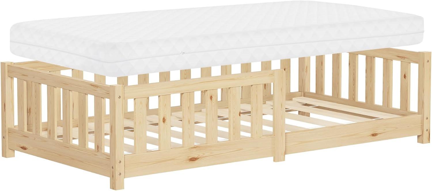Kinderbett 80x160 cm, natürliche Farbe, mit Matratze, Schlafzimmerbett - mit Schutzgitter, stabiles Juniorbett aus massivem Kiefernholz, ideal für Kleinkinder