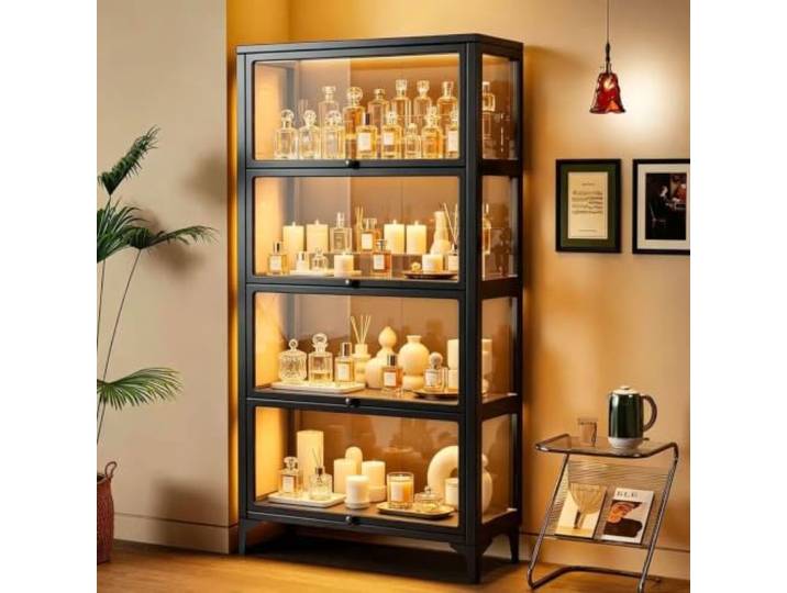 YSZBD Vitrine, 4-stöckige Vitrine, Acryl-Vitrine, 3-seitiges, transparentes Durchgehender Ausstellungsfläche für Sammlerstücke, Glasvitrine schwarz