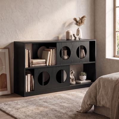 Garvee Modern Bookcase with Sliding Doors, Open Storage Cubes & Geometric Circle Cutout Design, for Home Office